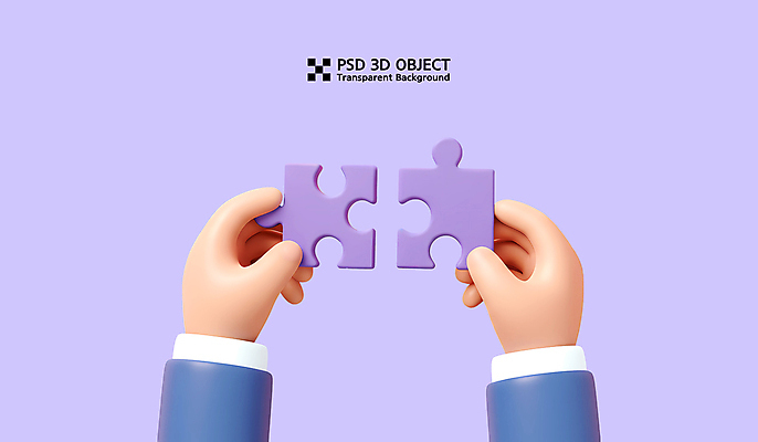 PSD 편집이미지 손 들기 신체부위 3D 보라색 퍼즐조각 맞대기 맞추기 엘리먼트 편집3D 컬러 조각 모션 사람 퍼즐 디지털합성 파일형식