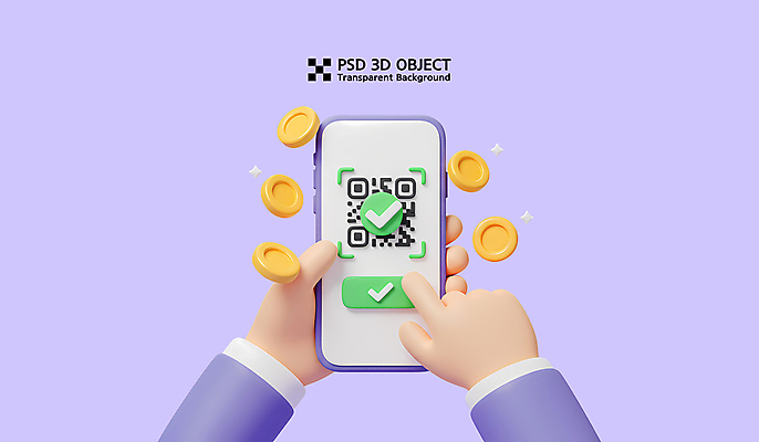 PSD 편집이미지 손 신체부위 스마트폰 3D 보라색 동전 터치 누름 체크표시 QR코드 엘리먼트 편집3D 컬러 돈 모션 사람 핸드폰 스마트기기 디지털합성 확인 파일형식