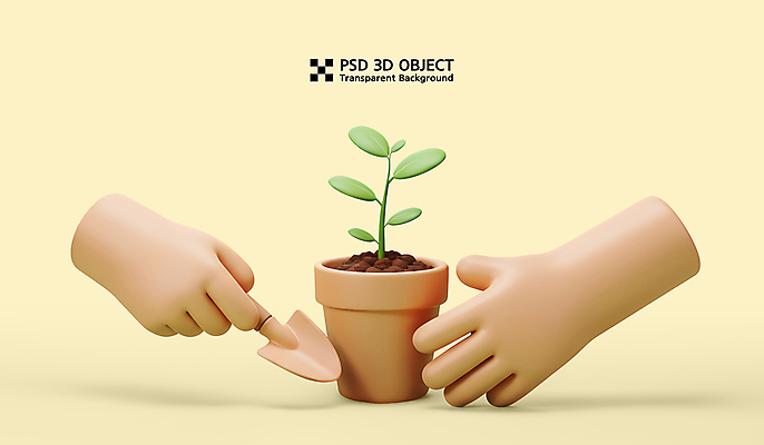 PSD 편집이미지 손 화분 들기 신체부위 노란색 3D 모종삽 모종 식물심기 엘리먼트 편집3D 컬러 모션 사람 삽 디지털합성 심기 파일형식