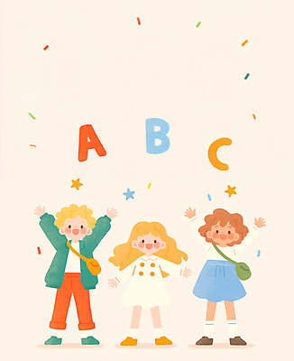 전신 PSD 알파벳 여자 남자 별 어린이 일러스트 팔벌리기 따뜻함 영어교육 미소 소녀 소년 세명 유치원생 만세 크로스백 꽃가루 어린이만 국내일러스트 자연요소 영어 교육 가방 모션 표정 사람 가루 파일형식
