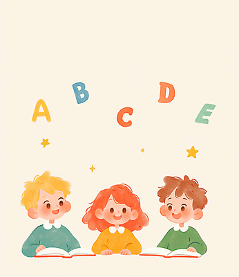 PSD 알파벳 여자 남자 별 어린이 일러스트 따뜻함 영어교육 미소 소녀 소년 상반신 책 세명 독서 유치원생 읽기 책상 어린이만 국내일러스트 자연요소 영어 교육 가구 모션 표정 사람 파일형식