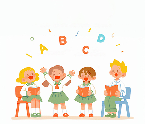 전신 PSD 알파벳 여자 남자 어린이 일러스트 따뜻함 영어교육 서기 미소 들기 앉기 소녀 소년 여러명 책 독서 유치원생 만세 발표 유치원복 어린이만 국내일러스트 영어 옷 교육 다수 모션 표정 사람 파일형식