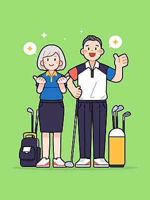 전신 부부 여자 남자 스포츠 허리손 말풍선 일러스트 협력 미소 성인 취미 두명 연두색 반짝임 운동 골프채 골프가방 골프웨어 따봉 성인만 일러캐릭터 AI파일 캐릭터 커플 옷 포즈 골프 가방 모션 골프용품 표정 건강 사람 초록색 최고 파일형식 벡터