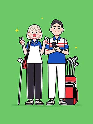 전신 부부 여자 남자 스포츠 일러스트 협력 미소 성인 취미 두명 초록색 반짝임 스마트폰 운동 골프채 골프가방 골프웨어 브이 성인만 일러캐릭터 AI파일 캐릭터 커플 옷 컬러 골프 가방 모션 골프용품 표정 건강 사람 손짓 핸드폰 스마트기기 파일형식 벡터