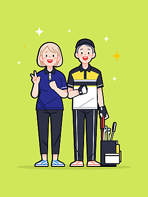 전신 부부 여자 남자 스포츠 일러스트 협력 미소 성인 취미 두명 연두색 반짝임 운동 골프채 골프가방 골프웨어 브이 골프장갑 성인만 일러캐릭터 AI파일 캐릭터 커플 옷 장갑 골프 가방 모션 골프용품 표정 건강 사람 손짓 초록색 파일형식 벡터