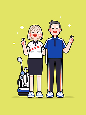 전신 부부 여자 남자 스포츠 일러스트 협력 미소 성인 취미 두명 반짝임 운동 노란색 골프채 골프가방 골프웨어 브이 성인만 일러캐릭터 AI파일 캐릭터 커플 옷 컬러 골프 가방 모션 골프용품 표정 건강 사람 손짓 파일형식 벡터