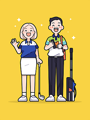 전신 부부 여자 남자 스포츠 일러스트 협력 미소 들기 성인 취미 두명 반짝임 운동 노란색 골프채 골프가방 골프웨어 손인사 성인만 일러캐릭터 AI파일 캐릭터 커플 옷 컬러 골프 가방 모션 골프용품 표정 건강 사람 인사 파일형식 벡터