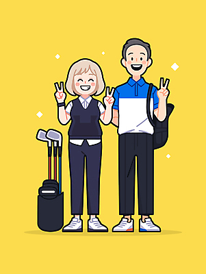 전신 부부 여자 남자 스포츠 일러스트 협력 미소 성인 취미 두명 반짝임 운동 노란색 골프채 골프가방 골프웨어 브이 백팩 성인만 일러캐릭터 AI파일 캐릭터 커플 옷 컬러 골프 가방 모션 골프용품 표정 건강 사람 손짓 파일형식 벡터