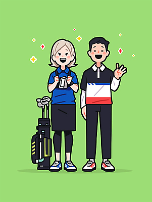 전신 부부 여자 남자 스포츠 일러스트 협력 미소 성인 취미 두명 연두색 반짝임 운동 골프채 골프가방 골프웨어 손인사 성인만 일러캐릭터 AI파일 캐릭터 커플 옷 골프 가방 모션 골프용품 표정 건강 사람 초록색 인사 파일형식 벡터