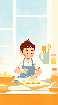 JPG 남자 어린이 일러스트 창문 도마 요리 한명 미소 소년 쿠키 귀여움 주방 요리사 앞치마 체험 반죽 열심 요리교실 소년한명만 국내일러스트 AI일러스트 AI콘텐츠 직업 1 컨셉 주방용품 수업 디저트 표정 사람 남자한명만 소년만 파일형식