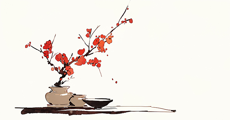 JPG 전통 접시 일러스트 탁자 수묵화 사람없음 빨간색 도자기 오브젝트 홍매화 정물화 국내일러스트 AI일러스트 AI콘텐츠 식기 컬러 가구 미술 그림 매화 파일형식