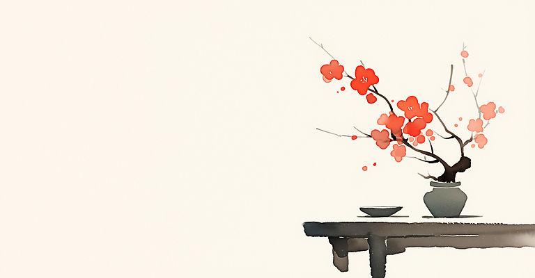 JPG 전통 접시 일러스트 탁자 수묵화 사람없음 빨간색 도자기 오브젝트 홍매화 정물화 국내일러스트 AI일러스트 AI콘텐츠 식기 컬러 가구 미술 그림 매화 파일형식