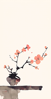 JPG 전통 일러스트 탁자 수묵화 사람없음 빨간색 도자기 오브젝트 홍매화 정물화 국내일러스트 AI일러스트 AI콘텐츠 컬러 가구 미술 그림 매화 파일형식