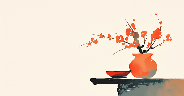 JPG 전통 접시 일러스트 탁자 수묵화 사람없음 빨간색 도자기 오브젝트 홍매화 정물화 국내일러스트 AI일러스트 AI콘텐츠 식기 컬러 가구 미술 그림 매화 파일형식