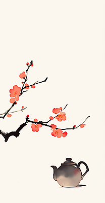 JPG 전통 일러스트 수묵화 사람없음 빨간색 도자기 다기 찻주전자 오브젝트 홍매화 정물화 국내일러스트 AI일러스트 AI콘텐츠 컬러 주전자 미술 다도 그림 매화 파일형식