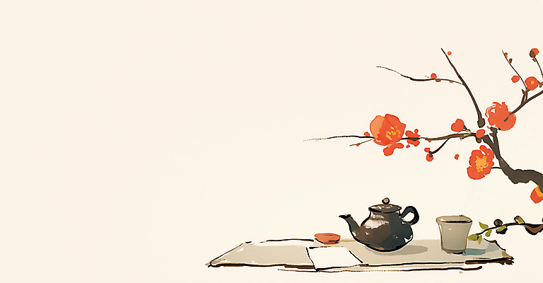 JPG 전통 일러스트 탁자 수묵화 사람없음 빨간색 도자기 찻잔 다기 찻주전자 오브젝트 홍매화 정물화 국내일러스트 AI일러스트 AI콘텐츠 컬러 가구 주전자 잔 미술 다도 그림 매화 파일형식