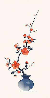 JPG 전통 일러스트 수묵화 사람없음 빨간색 도자기 오브젝트 홍매화 정물화 국내일러스트 AI일러스트 AI콘텐츠 컬러 미술 그림 매화 파일형식