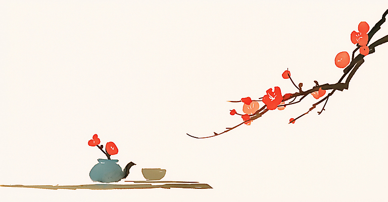 JPG 전통 일러스트 탁자 수묵화 사람없음 빨간색 도자기 찻잔 다기 찻주전자 오브젝트 홍매화 정물화 국내일러스트 AI일러스트 AI콘텐츠 컬러 가구 주전자 잔 미술 다도 그림 매화 파일형식