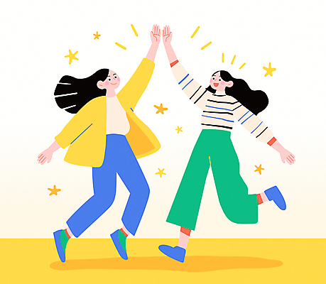 전신 여자 별 일러스트 응원 미소 성인 두명 노란색 점프 즐거움 역동적 화합 하이파이브 활기 성인여자만 국내일러스트 AI파일 자연요소 감정 컬러 컨셉 모션 표정 사람 손짓 여자만 성인만 파일형식 벡터