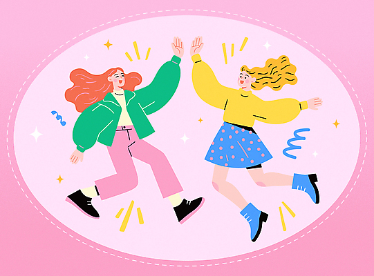 전신 여자 분홍색 일러스트 응원 미소 성인 두명 반짝임 점프 즐거움 역동적 화합 하이파이브 활기 성인여자만 국내일러스트 AI파일 감정 컬러 컨셉 모션 표정 사람 손짓 여자만 성인만 파일형식 벡터