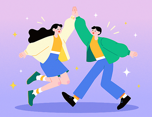 전신 여자 남자 일러스트 응원 미소 성인 두명 반짝임 점프 보라색 즐거움 역동적 화합 하이파이브 활기 성인만 국내일러스트 AI파일 감정 컬러 컨셉 모션 표정 사람 손짓 파일형식 벡터