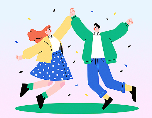 전신 여자 남자 일러스트 응원 나뭇잎 미소 성인 두명 파란색 점프 만세 즐거움 역동적 화합 하이파이브 활기 성인만 국내일러스트 AI파일 감정 컬러 컨셉 잎 모션 표정 사람 손짓 파일형식 벡터