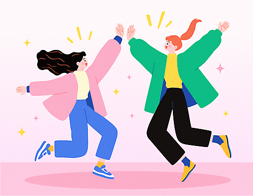 전신 여자 분홍색 일러스트 응원 미소 성인 두명 반짝임 점프 만세 즐거움 역동적 화합 하이파이브 활기 성인여자만 국내일러스트 AI파일 감정 컬러 컨셉 모션 표정 사람 손짓 여자만 성인만 파일형식 벡터