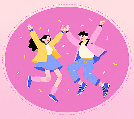 전신 여자 남자 분홍색 일러스트 응원 미소 성인 두명 점프 만세 원형 즐거움 역동적 꽃가루 화합 하이파이브 활기 성인만 국내일러스트 AI파일 도형 감정 컬러 컨셉 모션 표정 사람 손짓 가루 파일형식 벡터
