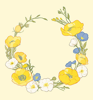 PSD 백그라운드 잎 일러스트 봄꽃 사람없음 노란색 빈티지 원형프레임 꽃프레임 아네모네 카피스페이스 국내일러스트 식물 꽃 컬러 컨셉 프레임 봄 공백 원형 파일형식