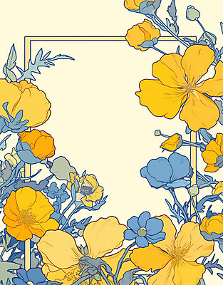 PSD 백그라운드 잎 일러스트 봄꽃 사각프레임 사람없음 노란색 빈티지 꽃프레임 카피스페이스 국내일러스트 식물 꽃 컬러 컨셉 프레임 사각형 봄 공백 파일형식