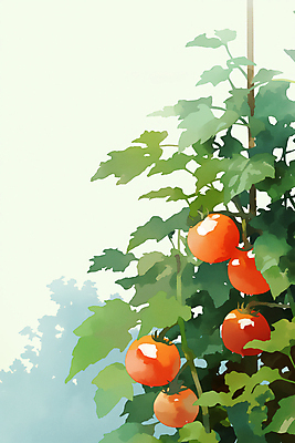 JPG 열매 토마토 일러스트 자연 나뭇잎 수채화 사람없음 초록색 여름 신선 감성 국내일러스트 AI일러스트 AI콘텐츠 식물 계절 컬러 컨셉 잎 채소 생태계 파일형식