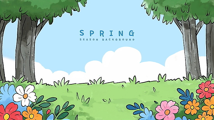 PSD 나무 구름 꽃 백그라운드 꽃밭 일러스트 하늘 잔디 사람없음 초록색 봄풍경 카툰스타일 싱그러움 국내일러스트 자연요소 식물 컬러 풍경 봄 파일형식