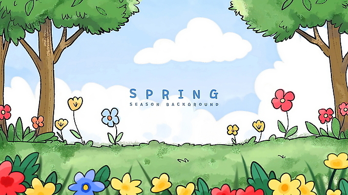 PSD 나무 구름 꽃 백그라운드 꽃밭 일러스트 하늘 잔디 사람없음 초록색 봄풍경 카툰스타일 싱그러움 국내일러스트 자연요소 식물 컬러 풍경 봄 파일형식