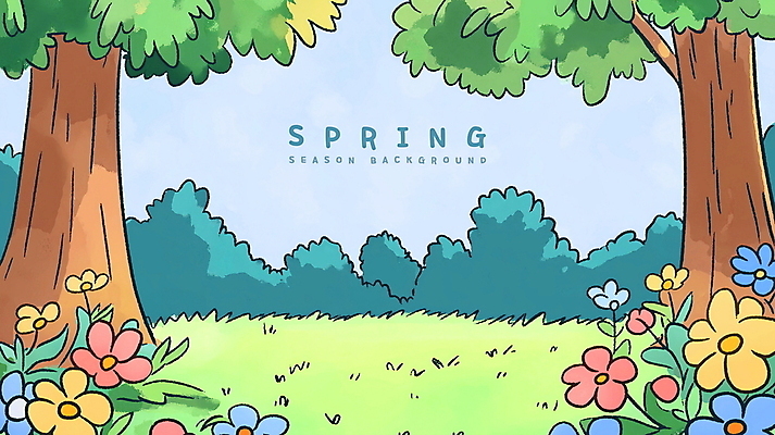 PSD 나무 꽃 백그라운드 꽃밭 일러스트 하늘 잔디 사람없음 초록색 봄풍경 풀 카툰스타일 싱그러움 국내일러스트 식물 컬러 풍경 봄 파일형식