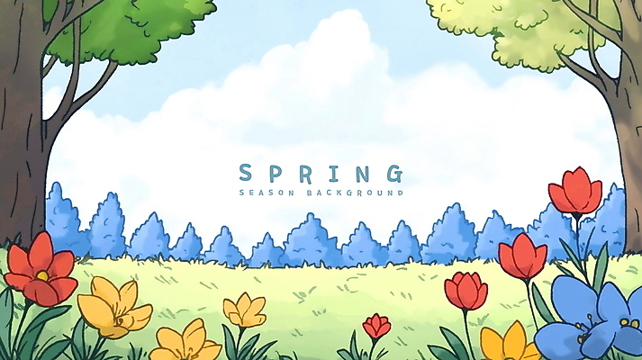 PSD 나무 구름 꽃 백그라운드 꽃밭 일러스트 하늘 잔디 사람없음 초록색 봄풍경 카툰스타일 싱그러움 국내일러스트 자연요소 식물 컬러 풍경 봄 파일형식