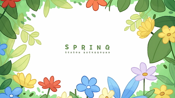 PSD 꽃 백그라운드 일러스트 나뭇잎 프레임 사람없음 초록색 봄풍경 풀잎 카툰스타일 싱그러움 국내일러스트 식물 컬러 잎 풍경 봄 풀_식물 파일형식