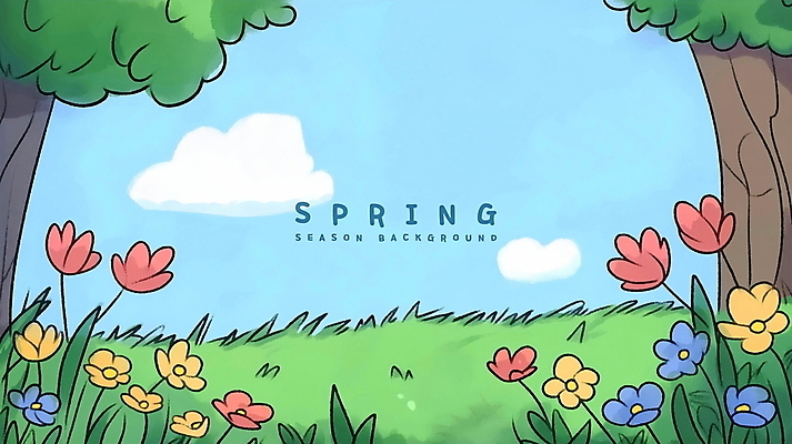 PSD 나무 구름 꽃 백그라운드 꽃밭 일러스트 하늘 잔디 사람없음 초록색 봄풍경 카툰스타일 싱그러움 국내일러스트 자연요소 식물 컬러 풍경 봄 파일형식