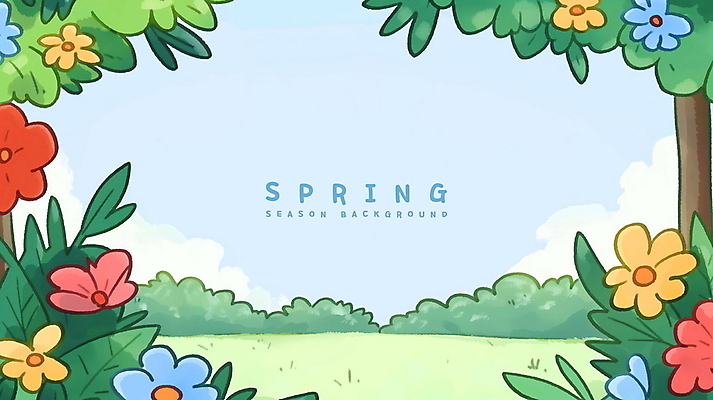 PSD 나무 구름 꽃 백그라운드 꽃밭 일러스트 하늘 잔디 사람없음 초록색 봄풍경 카툰스타일 싱그러움 국내일러스트 자연요소 식물 컬러 풍경 봄 파일형식