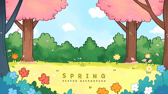 PSD 나무 구름 꽃 백그라운드 꽃밭 일러스트 하늘 잔디 사람없음 봄풍경 풀 카툰스타일 싱그러움 국내일러스트 자연요소 식물 풍경 봄 파일형식