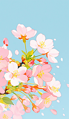 JPG 꽃잎 하늘색 잎 일러스트 사람없음 봄풍경 나뭇가지 벚나무 국내일러스트 AI일러스트 AI콘텐츠 나무 식물 꽃 풍경 파란색 봄 벚꽃 파일형식