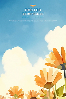 PSD 구름 꽃 잎 일러스트 하늘 수채화 밝음 사람없음 여름풍경 감성 국내일러스트 자연요소 식물 컨셉 풍경 파일형식 여름_계절