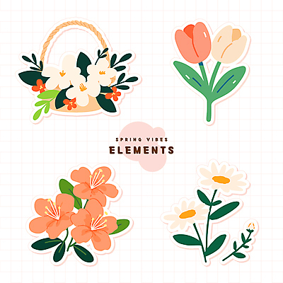 스티커 잎 일러스트 사람없음 봄 튤립 진달래 데이지 꽃바구니 엘리먼트 국내일러스트 AI파일 식물 계절 꽃 바구니 파일형식 벡터