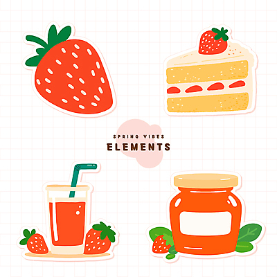 스티커 잎 일러스트 사람없음 봄 딸기주스 딸기잼 딸기케이크 엘리먼트 국내일러스트 AI파일 식물 계절 딸기 케이크 과일주스 잼 파일형식 벡터