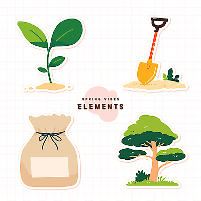 나무 리본 모래 스티커 잎 일러스트 잔디 사람없음 새싹 봄 주머니 모종삽 모래주머니 모종 엘리먼트 국내일러스트 AI파일 식물 계절 삽 파일형식 벡터