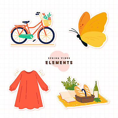 원피스 화분 음료 나비 스티커 잎 일러스트 사람없음 책 자전거 봄 병 바게트 돗자리 꽃바구니 엘리먼트 국내일러스트 AI파일 식물 식기 옷 계절 꽃 빵 곤충 바구니 바이크 파일형식 벡터