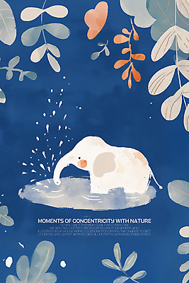 PSD 일러스트 자연 물놀이 코끼리 수채화 사람없음 귀여움 물방울 풀잎 남색 그림 튀는물 웅덩이 동심 국내일러스트 컬러 컨셉 잎 포유류 놀이 풀_식물 생태계 액체표현 스플래쉬 파일형식