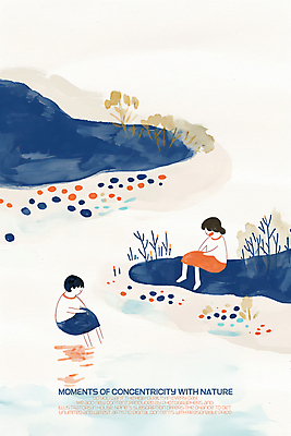 PSD 여자 남자 어린이 일러스트 자연 수채화 소녀 소년 두명 귀여움 물가 개울 남색 그림 어린이만 동심 국내일러스트 컬러 컨셉 사람 풍경 강 생태계 파일형식