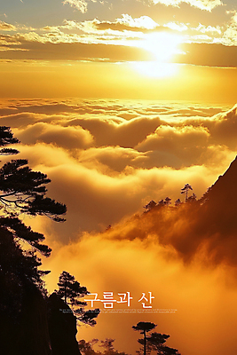 PSD 구름 편집이미지 자연 하늘 풍경 사람없음 햇빛 태양 노란색 노을 안개 소나무 신비 웅장함 산맥 이미지편집 자연요소 나무 컬러 컨셉 날씨 산 생태계 파일형식