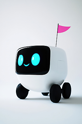 JPG 편집이미지 미소 사람없음 귀여움 깃발 바퀴 로봇 AI_인공지능 편집실사 배달로봇 AI포토 AI콘텐츠 컨셉 표정 CG 파일형식