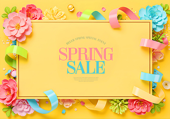 PSD 템플릿 리본 봄꽃 나뭇잎 프레임 이벤트 사람없음 노란색 세일 벚꽃 화려 봄쇼핑 이미지템플릿 꽃 컬러 컨셉 잎 쇼핑 봄 파일형식